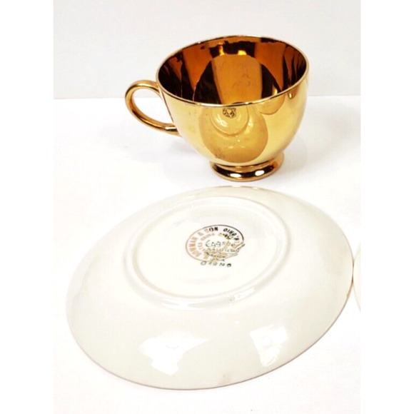 Antique Geo. H. Bowman & Son Gold Tea Cup Saucer 1920-40's Eggshell USA - Picture 4 of 8